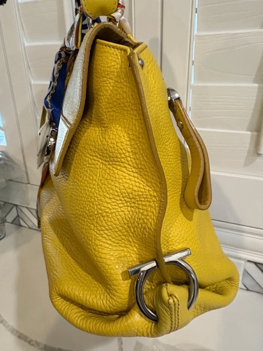Salvatore Ferragamo Yellow Pebbled Leather Satchel with Crossbody Strap